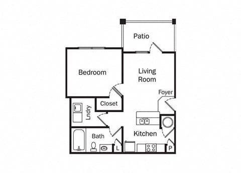 Floor plan for 1 bed, 1 bath, 640 sqft