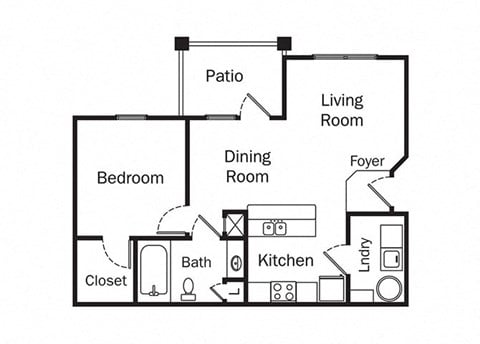 Floor plan for 1 bed, 1 bath, 701 sqft