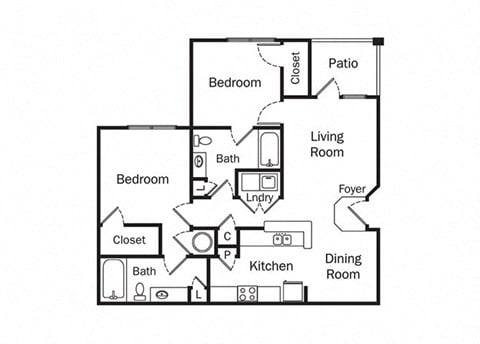 Floor plan for 2 beds, 2 baths, 1025 sqft