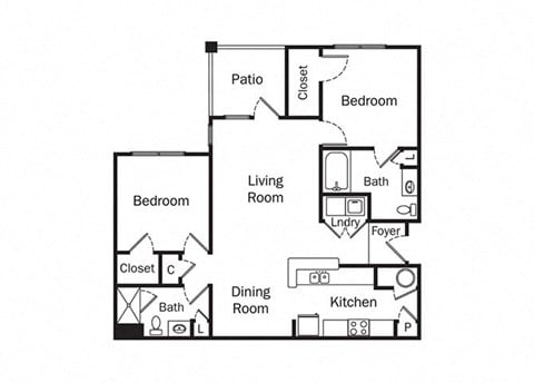 Floor plan for 2 beds, 2 baths, 1081 sqft