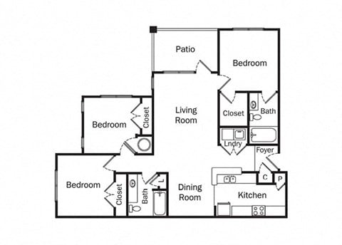 Floor plan for 3 beds, 2 baths, 1232 sqft