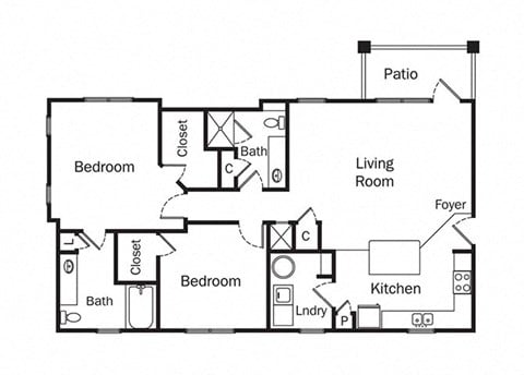 Floor plan for 2 beds, 2 baths, 1212 sqft