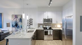 Tampa apartment for rent - A modern kitchen with a large island and stainless steel appliances.