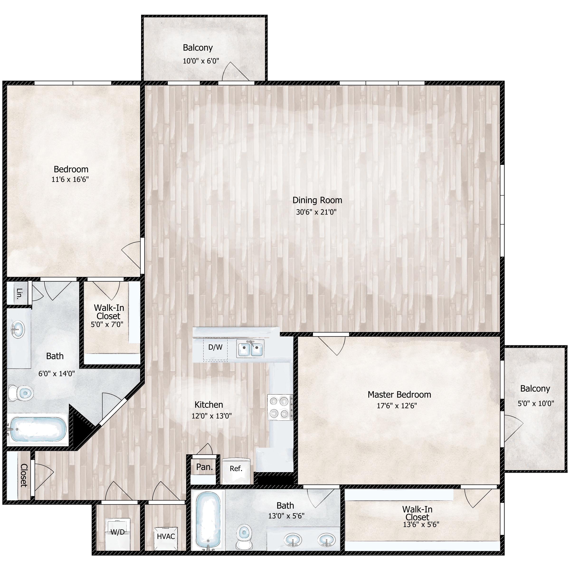 Floor plan for 2 beds, 2 baths, 1107 sqft