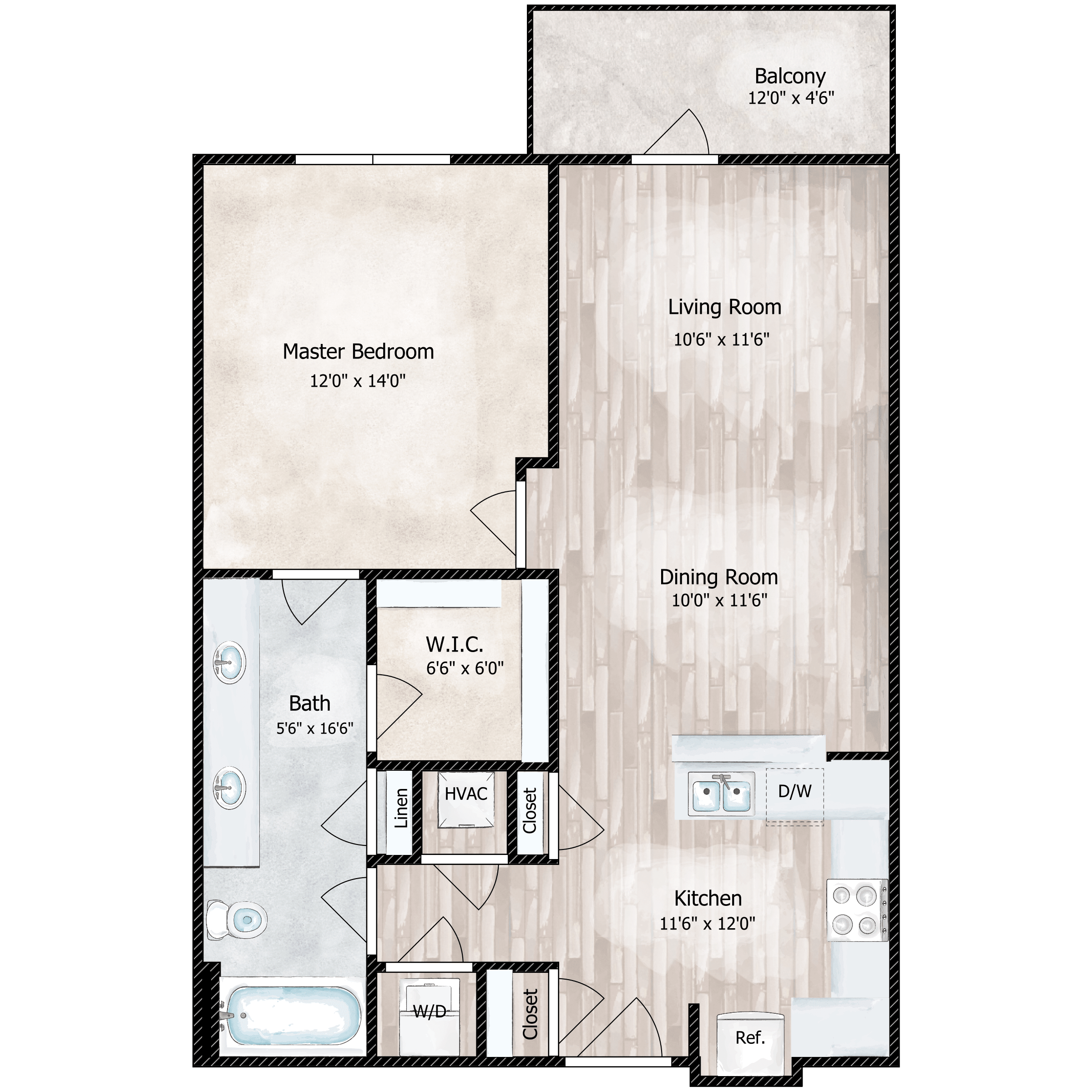 Floor plan for 1 bed, 1 bath, 763 sqft