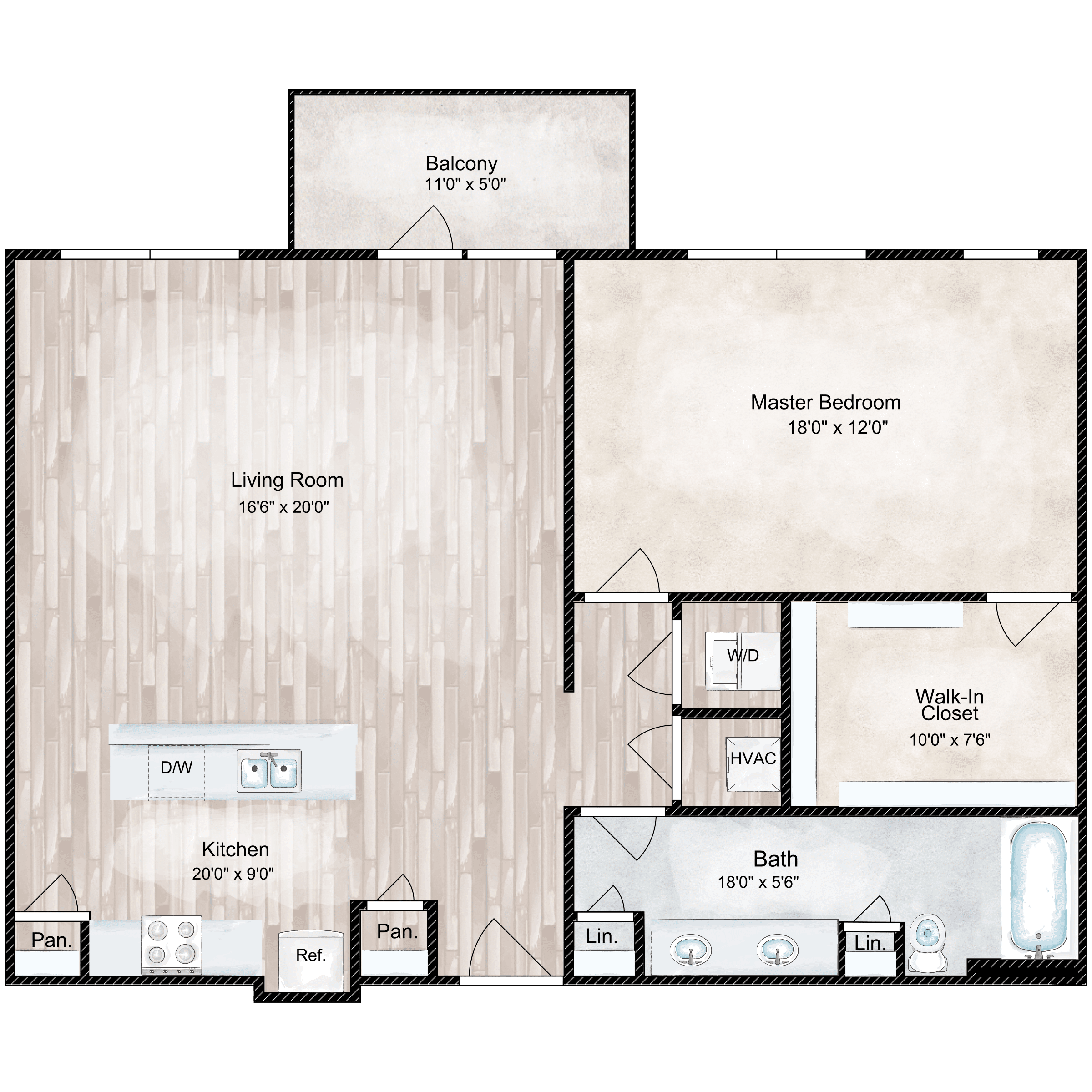 Floor plan for 1 bed, 1 bath, 999 sqft