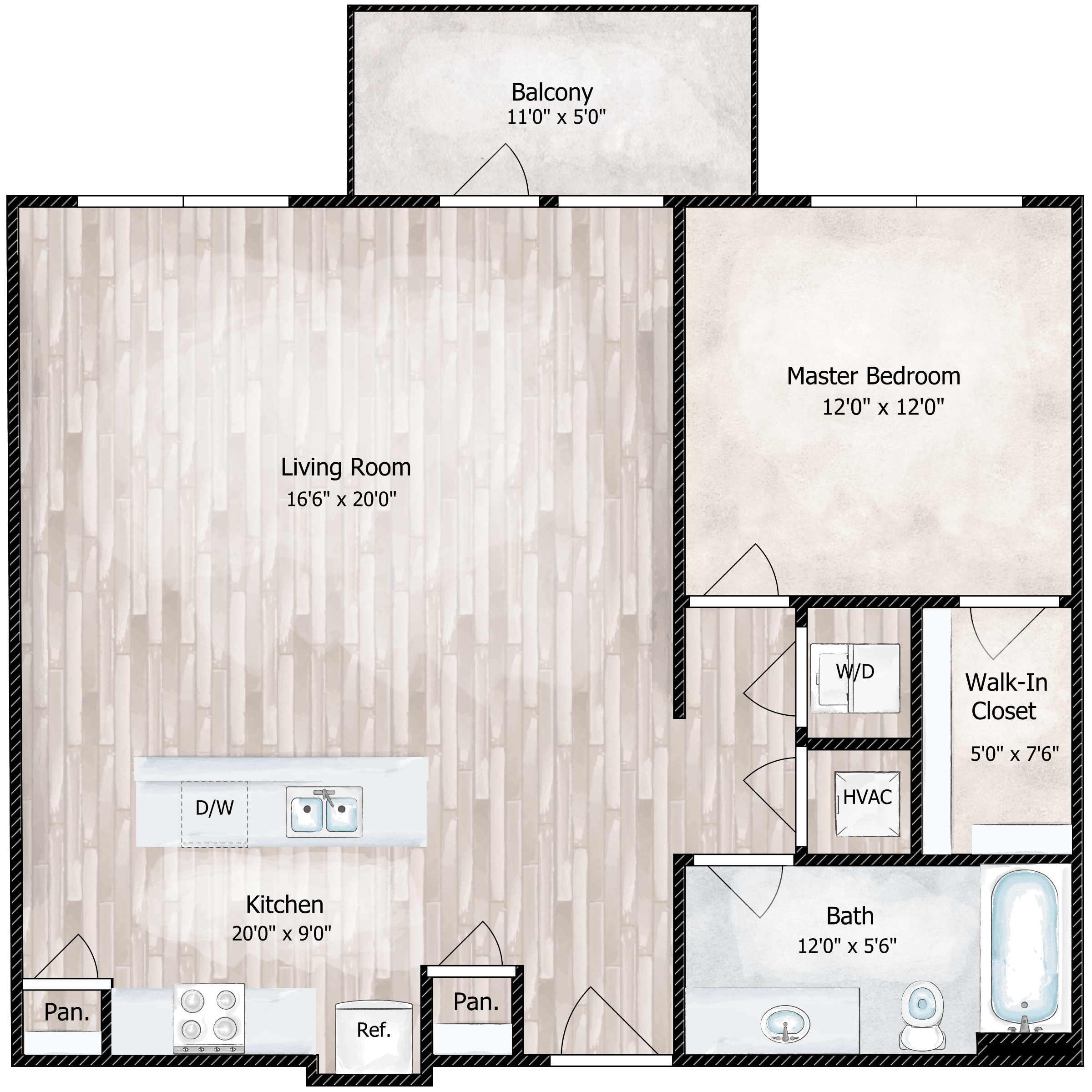 Floor plan for 1 bed, 1 bath, 847 sqft