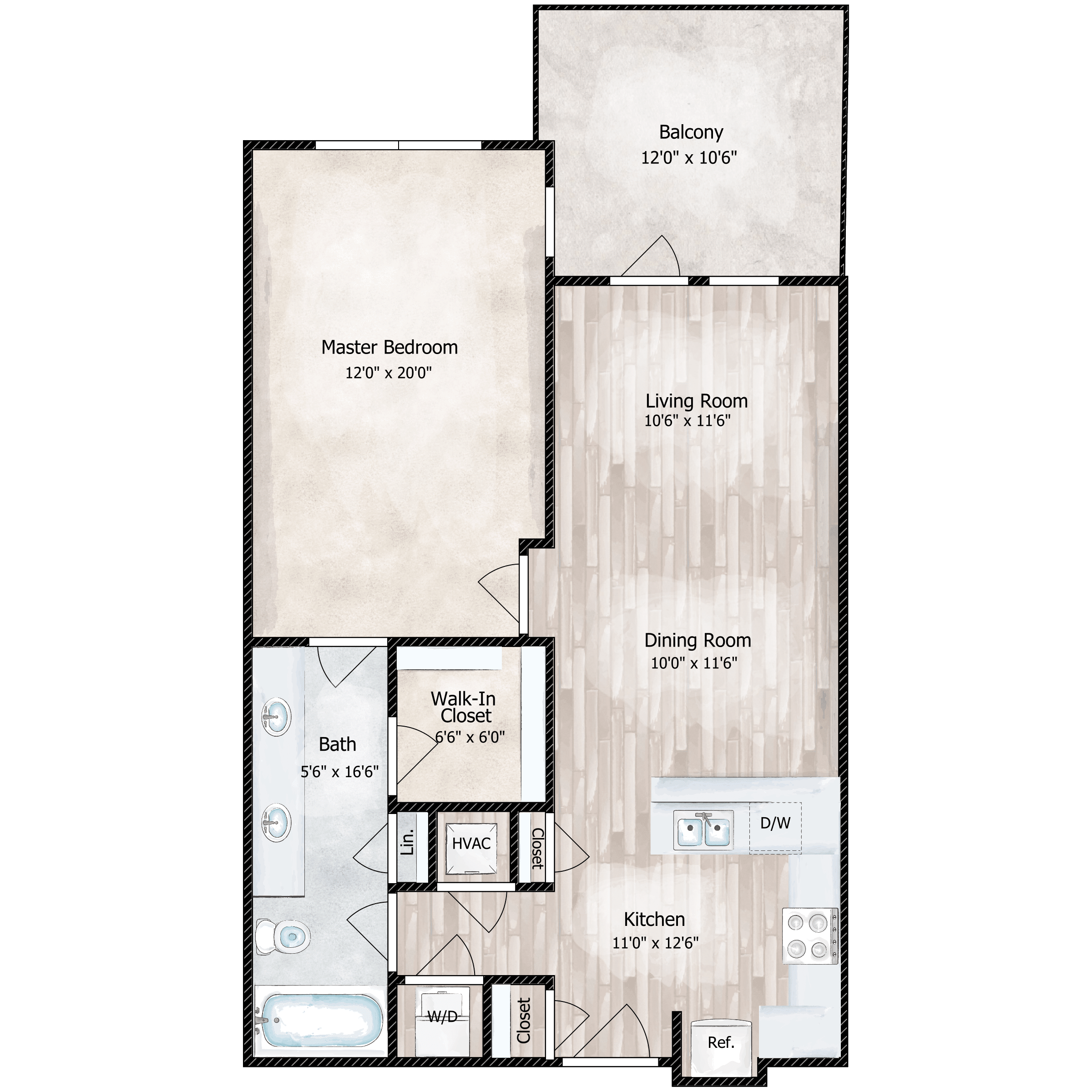 Floor plan for 1 bed, 1 bath, 831 sqft
