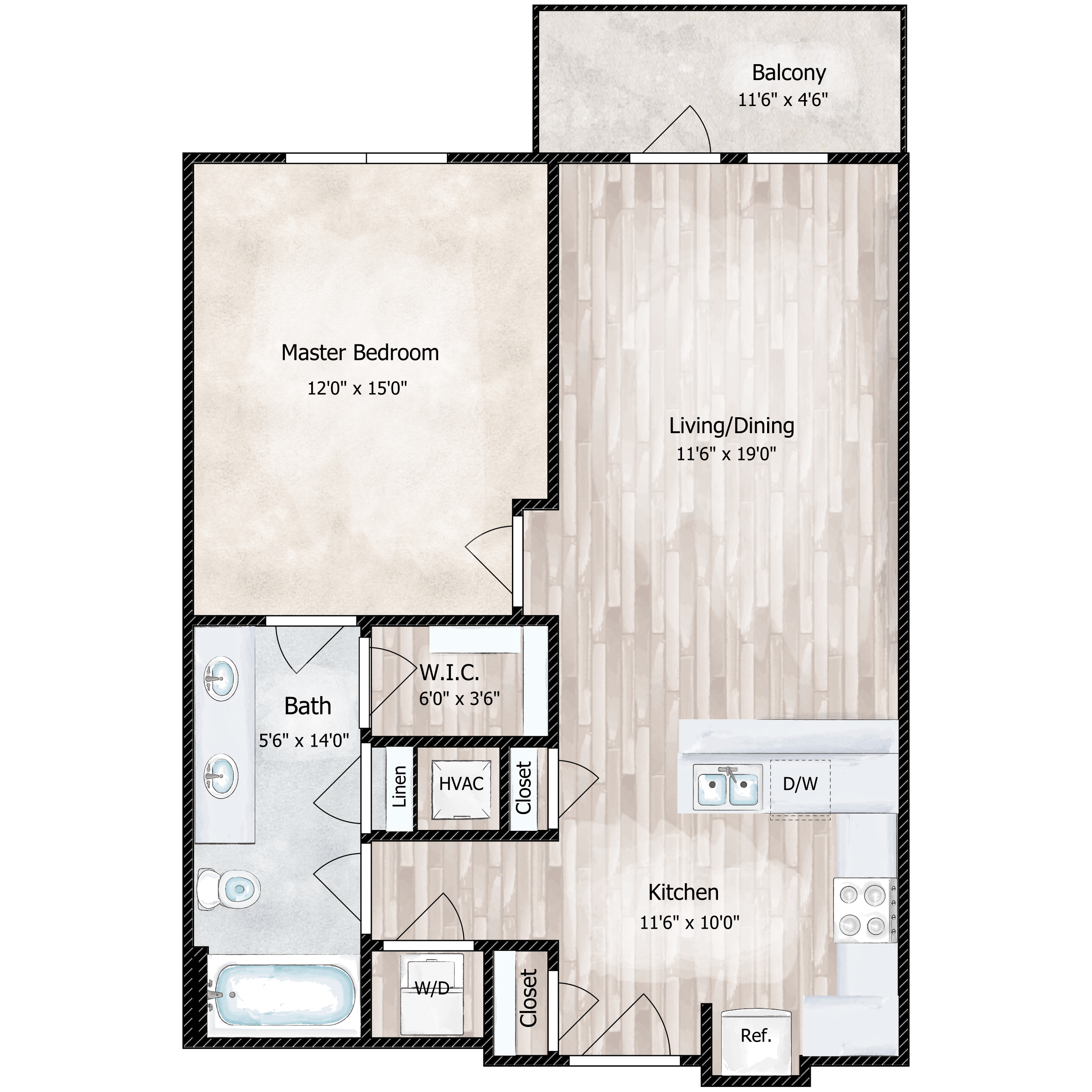 Floor plan for 1 bed, 1 bath, 733 sqft