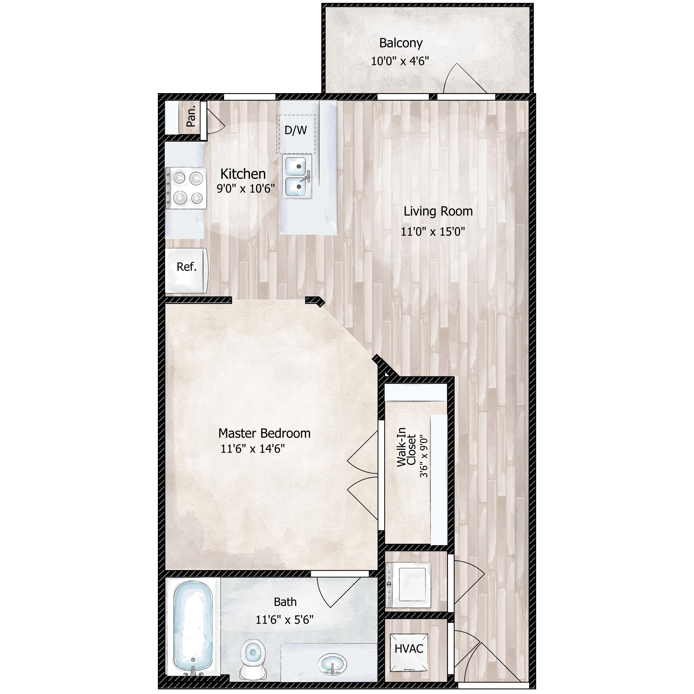 Floor plan for 1 bed, 1 bath, 630 sqft