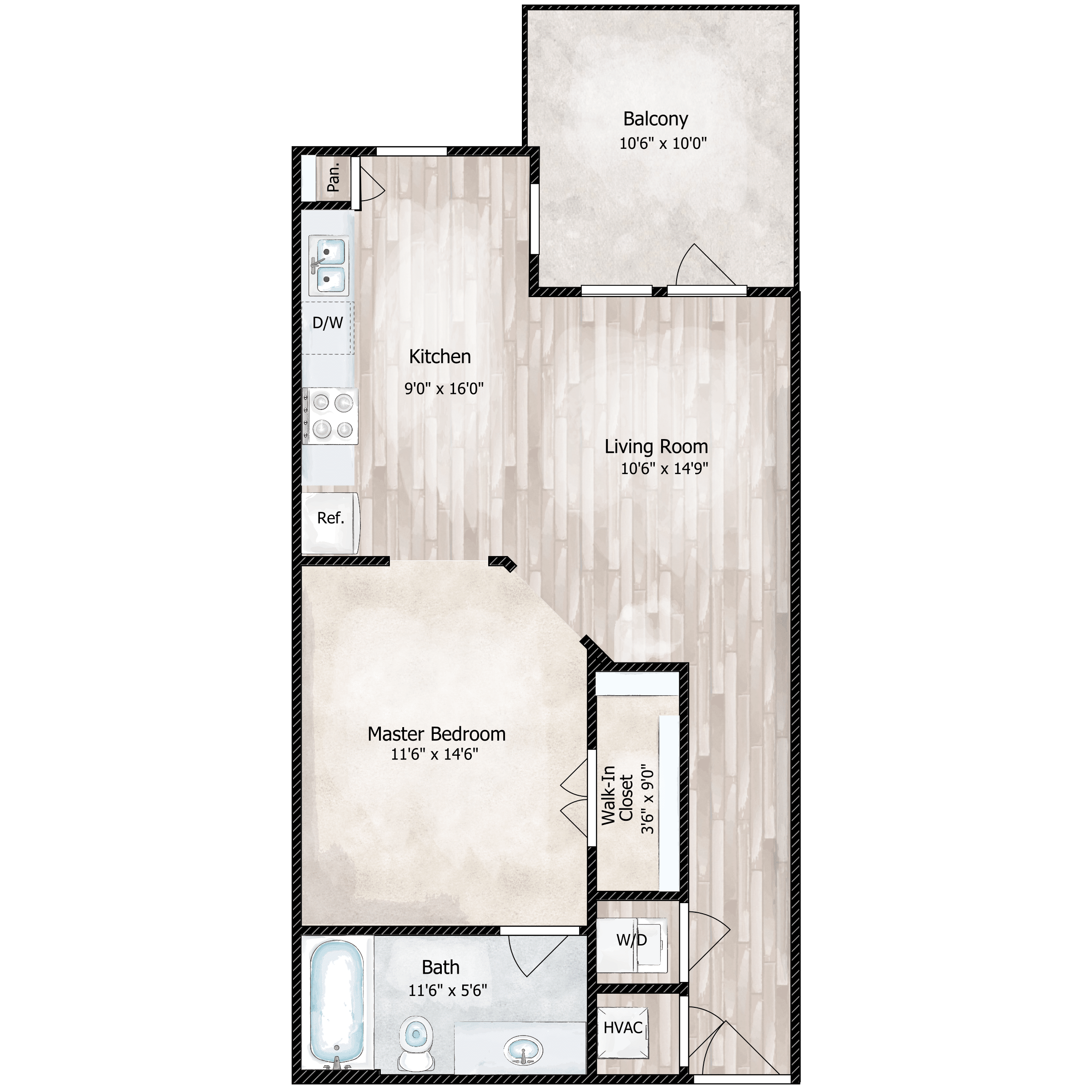 Floor plan for 1 bed, 1 bath, 683 sqft