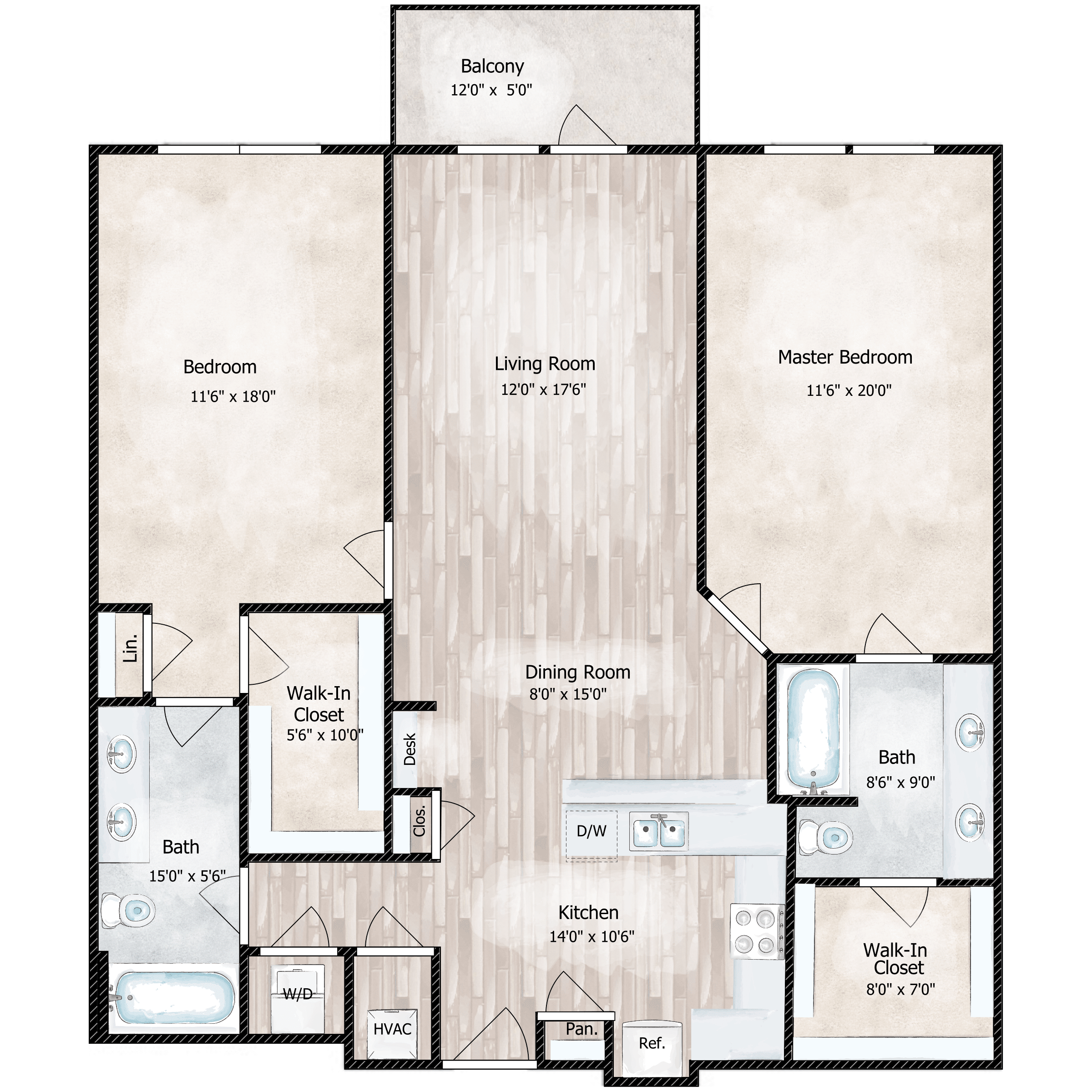 Floor plan for 2 beds, 2 baths, 1305 sqft