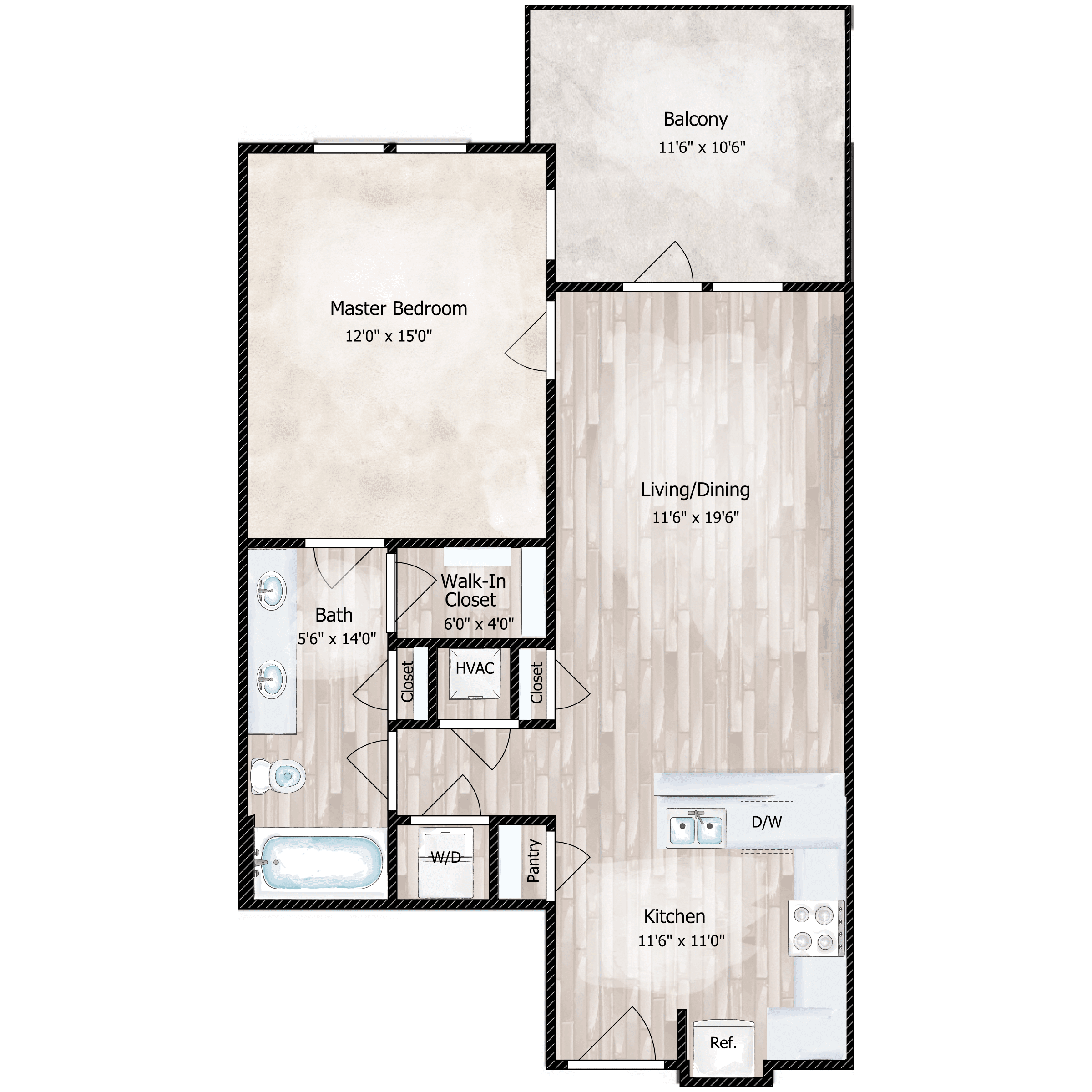 Floor plan for 1 bed, 1 bath, 698 sqft