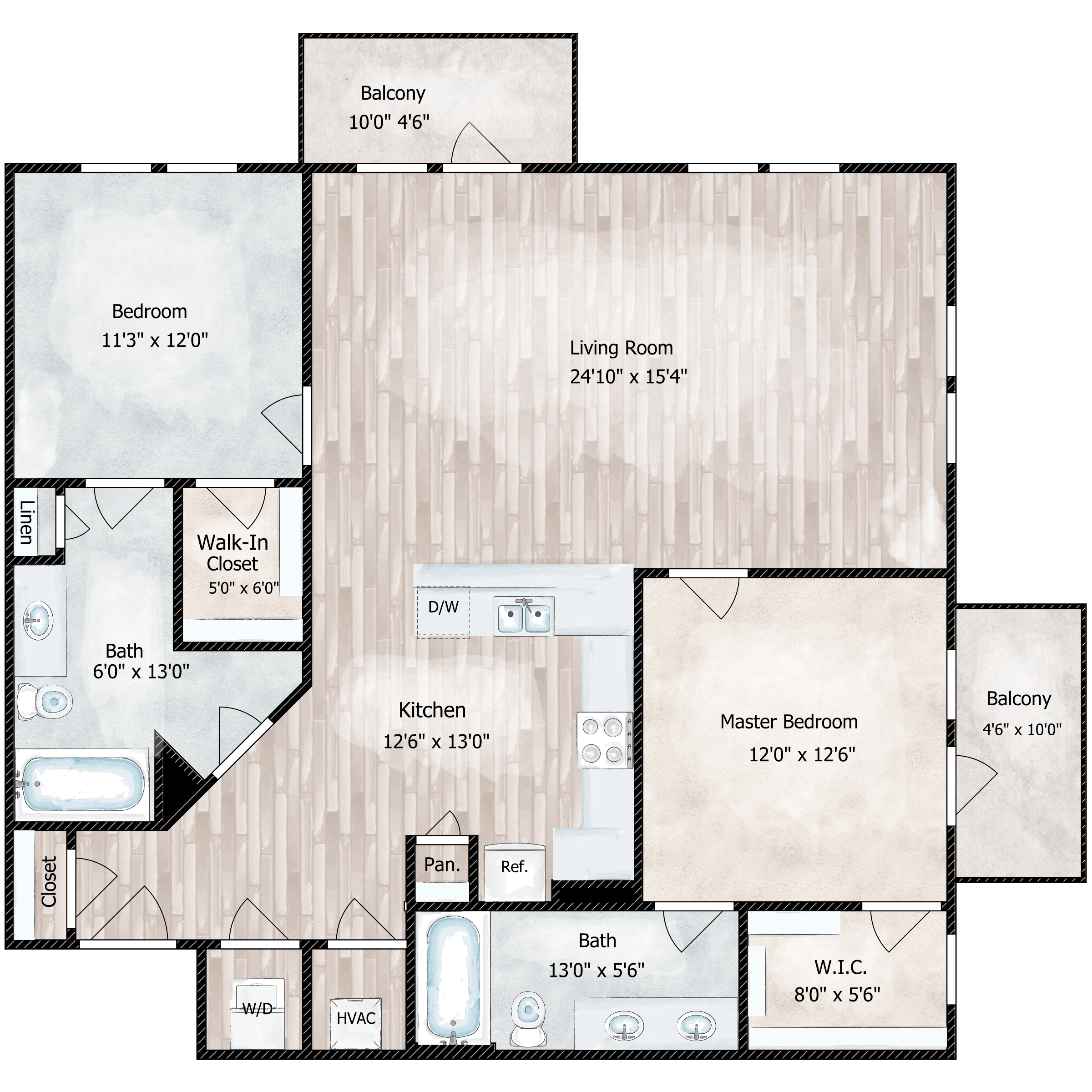 Floor plan for 2 beds, 2 baths, 1256 sqft
