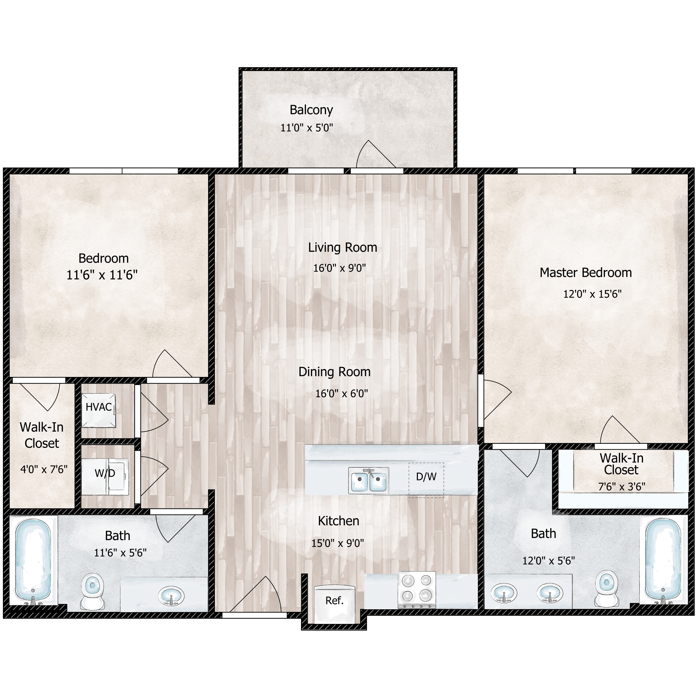 Floor plan for 2 beds, 2 baths, 1003 sqft