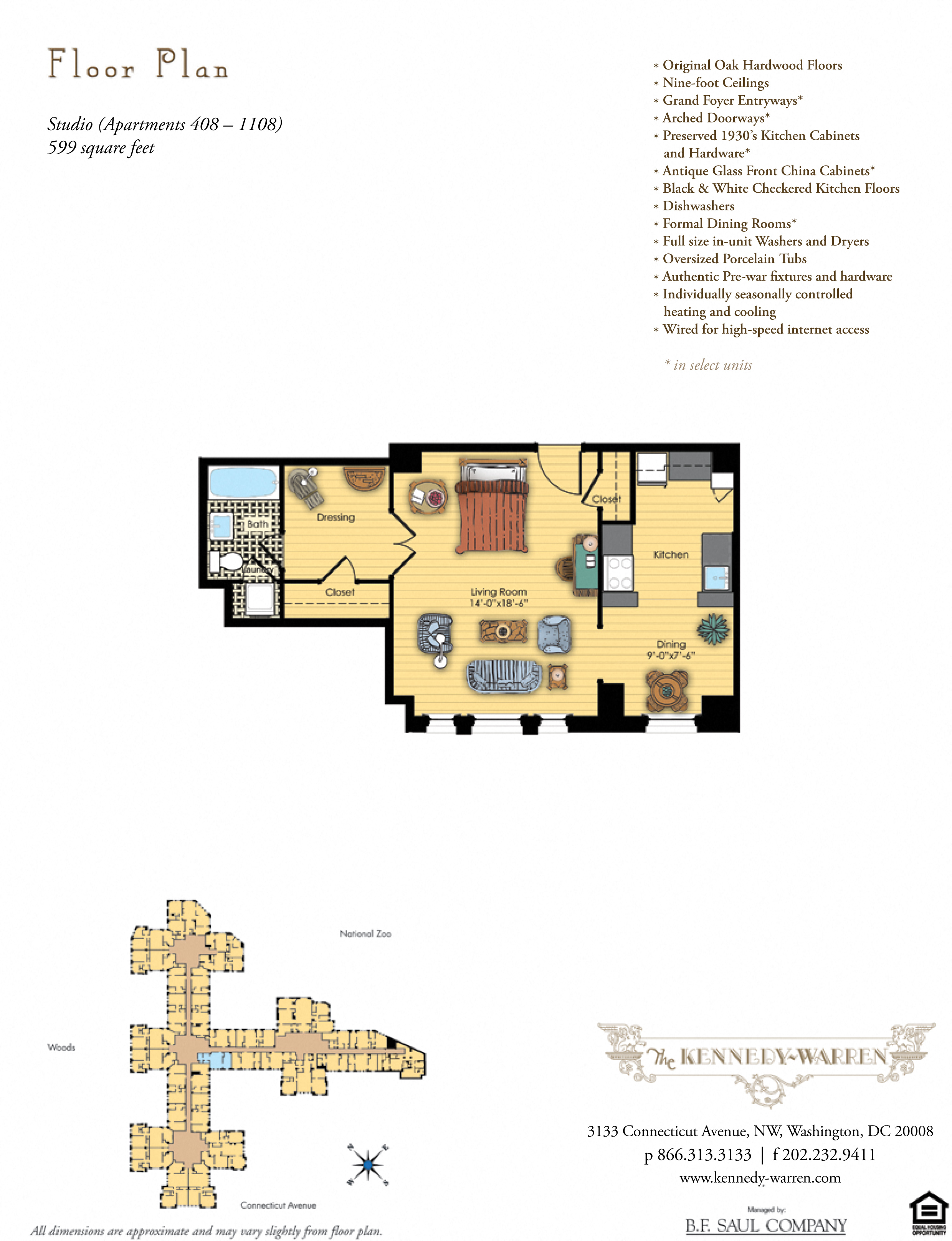 Floor plan for studio, 1 bath, 599 sqft