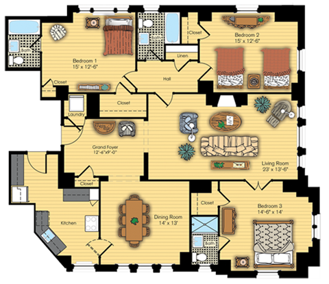 Floor plan for 3 beds, 3 baths, 1701 sqft