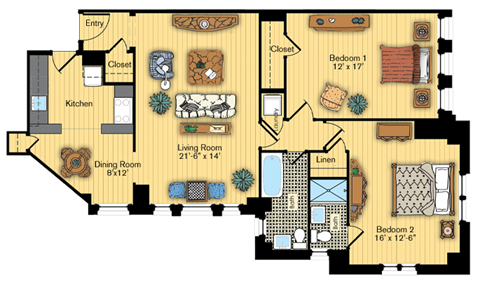 Floor plan for 2 beds, 2 baths, 1128 sqft