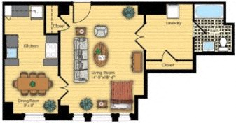 Floor plan for studio, 1 bath, 607 sqft