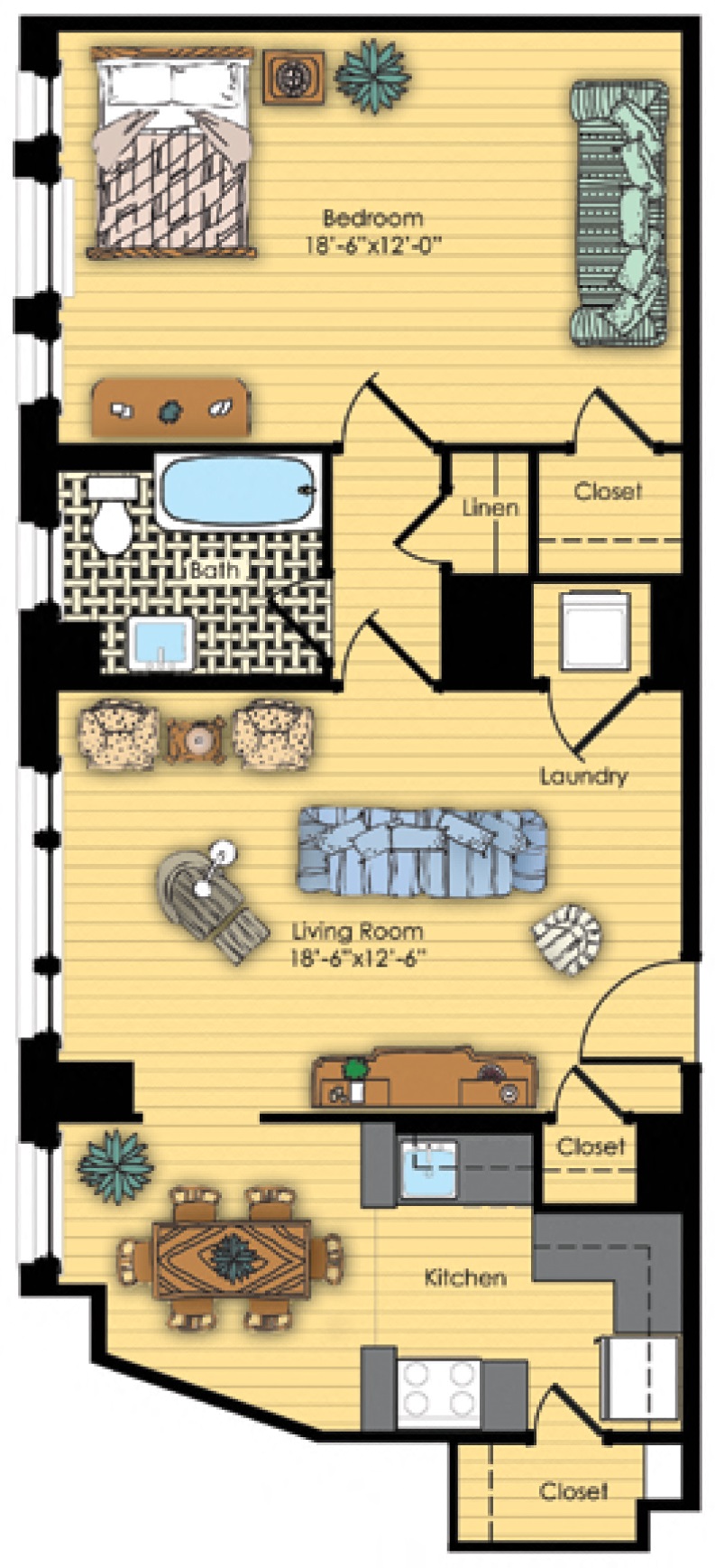 Floor plan for 1 bed, 1 bath, 799 sqft