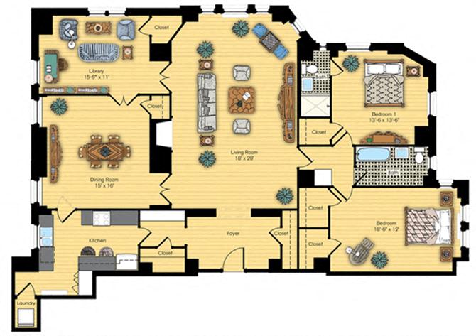 Floor plan for 2 beds, 2 baths, 2040 sqft