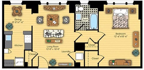Floor plan for 1 bed, 1 bath, 774 sqft