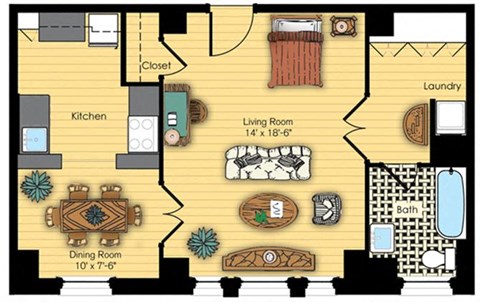 Floor plan for studio, 1 bath, 593 sqft