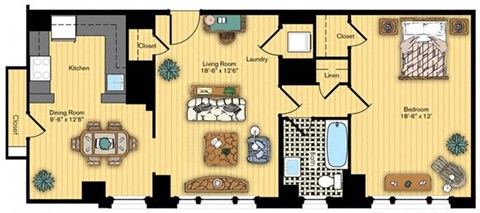 Floor plan for 1 bed, 1 bath, 873 sqft