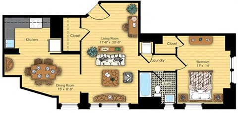 Floor plan for 1 bed, 1 bath, 741 sqft
