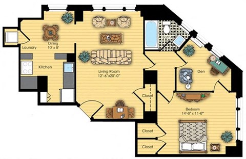 Floor plan for 1 bed, 1 bath, 818 sqft