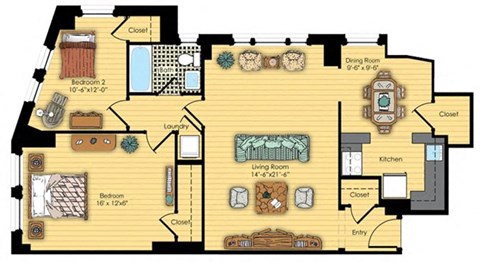 Floor plan for 2 beds, 1 bath, 978 sqft