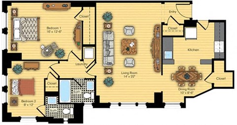 Floor plan for 2 beds, 1.5 baths, 1038 sqft