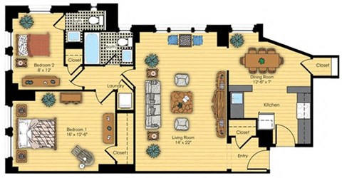 Floor plan for 2 beds, 1.5 baths, 1035 sqft