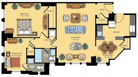 Floor plan for 2 beds, 1.5 baths, 1029 sqft