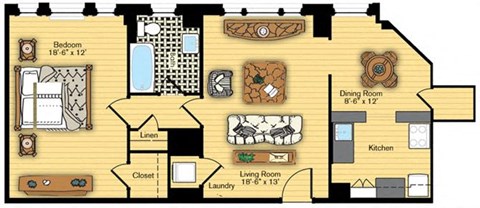 Floor plan for 1 bed, 1 bath, 809 sqft