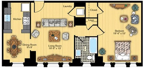 Floor plan for 1 bed, 1 bath, 798 sqft