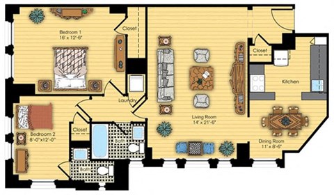 Floor plan for 2 beds, 1.5 baths, 998 sqft
