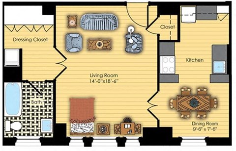 Floor plan for studio, 1 bath, 594 sqft