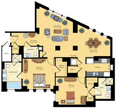 Floor plan for 2 beds, 2.5 baths, 1515 sqft