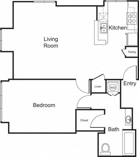 Floor plan for 1 bed, 1 bath, 857 sqft