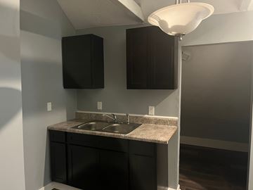 Akron apartment for rent - a kitchen with a sink and black cabinets and a light