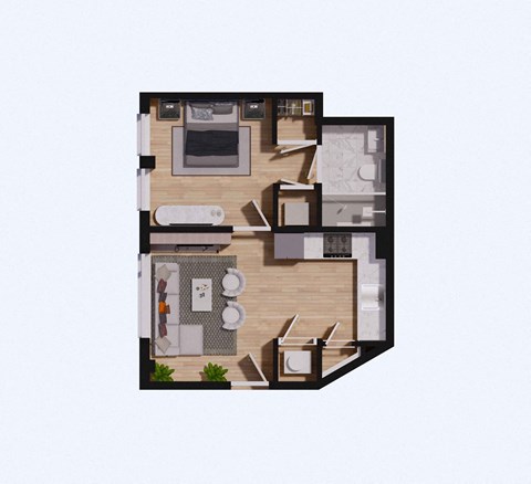 Floor plan for 1 bed, 1 bath, 553 sqft