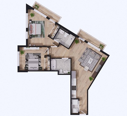 Floor plan for 2 beds, 2 baths, 827 sqft