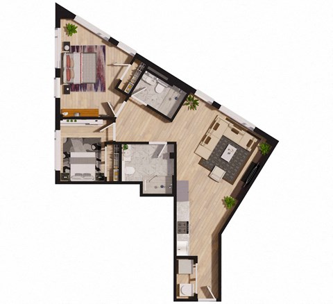 Floor plan for 2 beds, 2 baths, 785 sqft