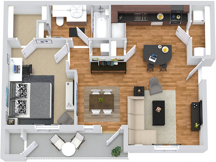 Floor plan for 1 bed, 1 bath, 713 sqft