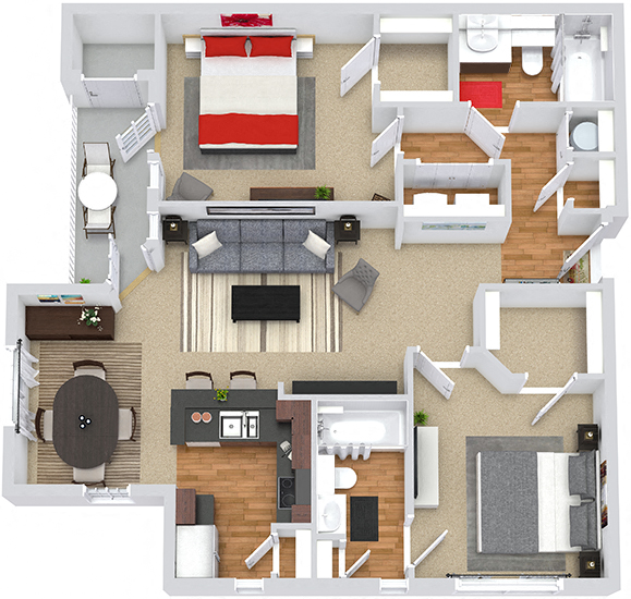 Floor plan for 2 beds, 2 baths, 1022 sqft