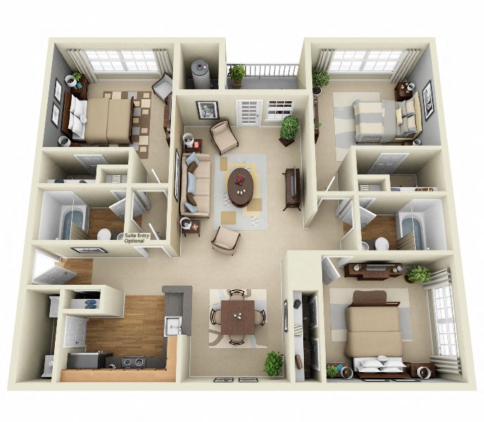 Floor plan for 3 beds, 2 baths, 1300 sqft