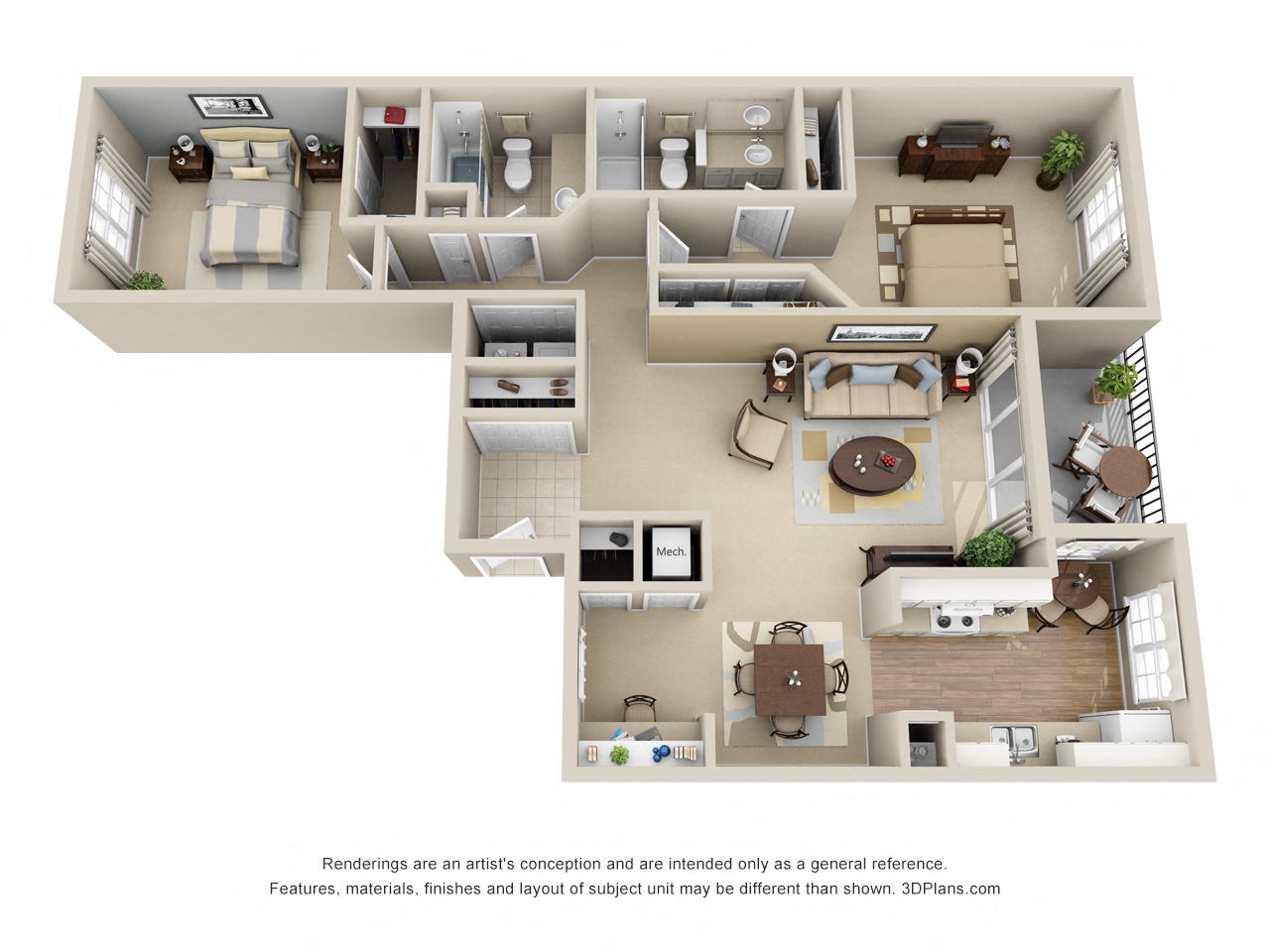 Floor plan for 2 beds, 2 baths, 1276 sqft