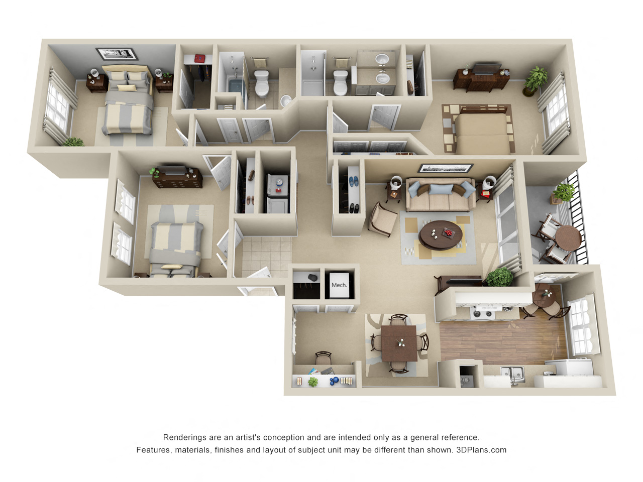 Floor plan for 3 beds, 2 baths, 1425 sqft