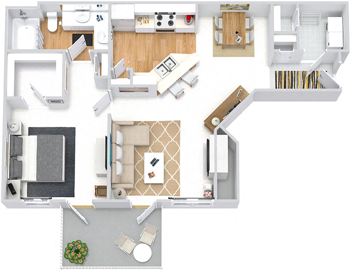 Floor plan for 1 bed, 1 bath, 849 sqft